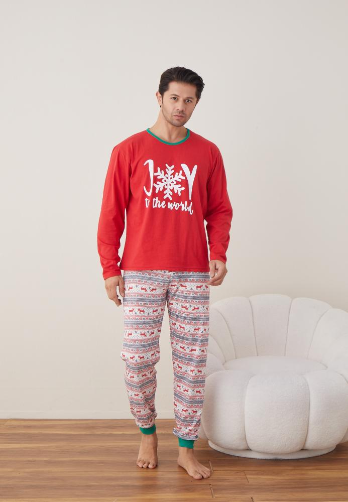 Pijama barbat Craciun maneca lunga pantaloni lungi rosu Joy ENGROS